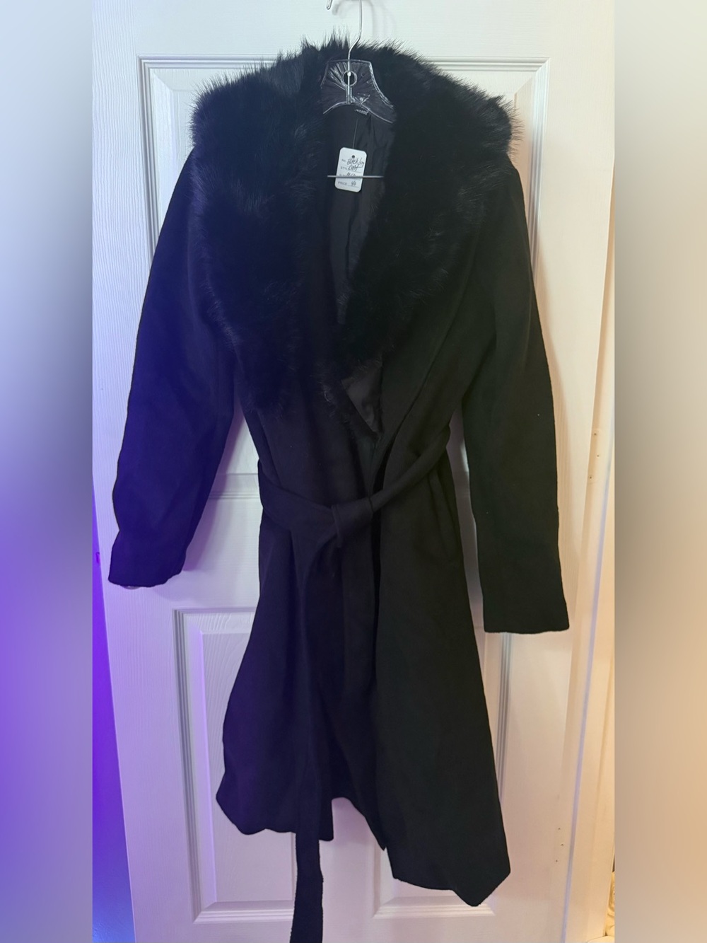 Windsor Black Wrap Trench Coat with Faux Fur Collar